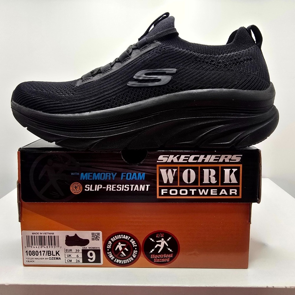 Skechers D'Lux Walker SR Ozema 108017-BLK Womens 9 Work Shoes Black Relaxed Fit